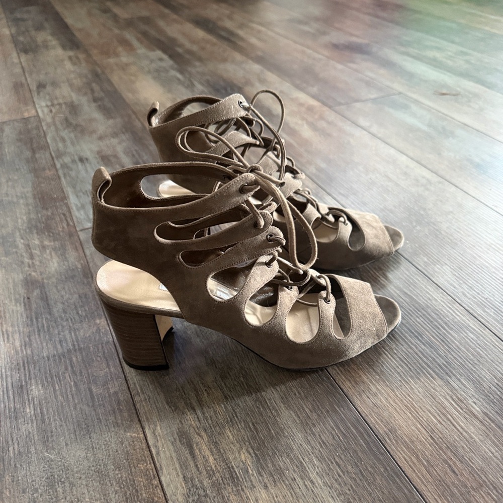 Manolo Blahnik Taupe Lace-Up Heels